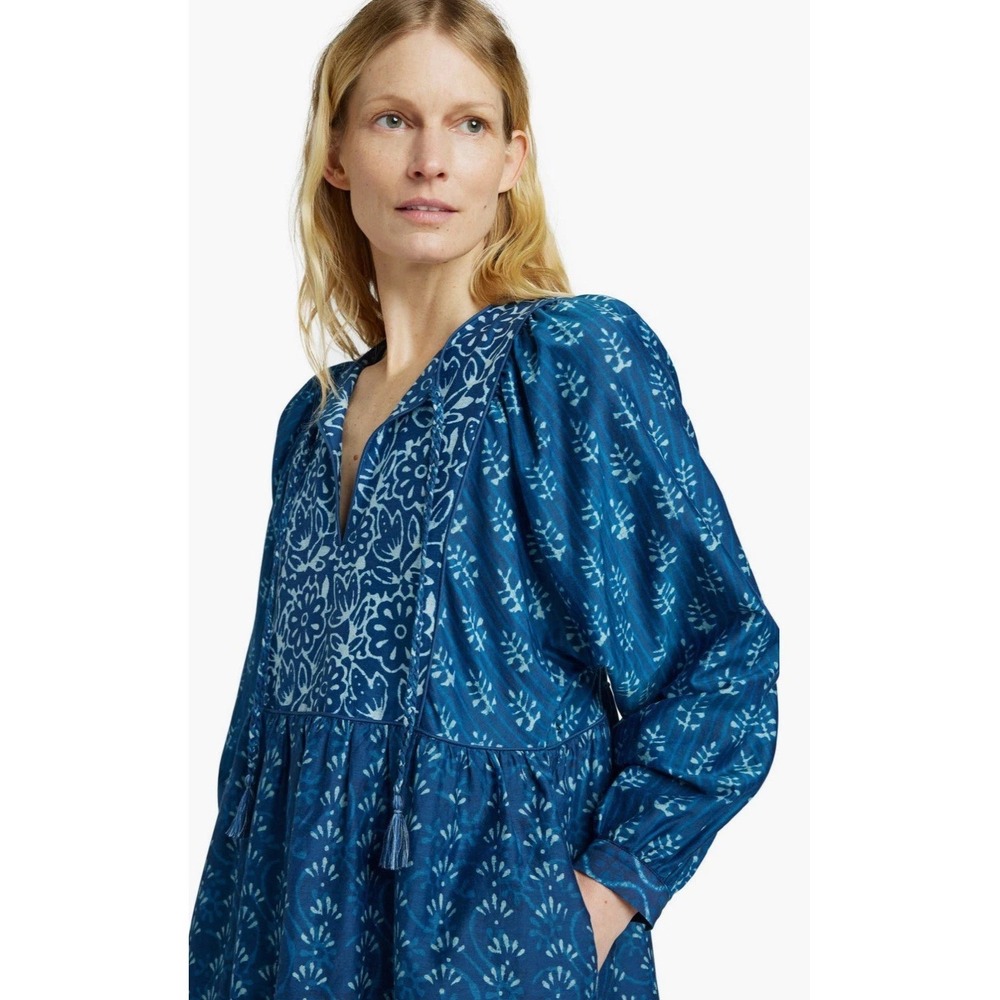 Faherty Silk Blend Solstice Sunburst Mix Print Long Sleeve Minidress M Navy blue - Picture 3 of 13